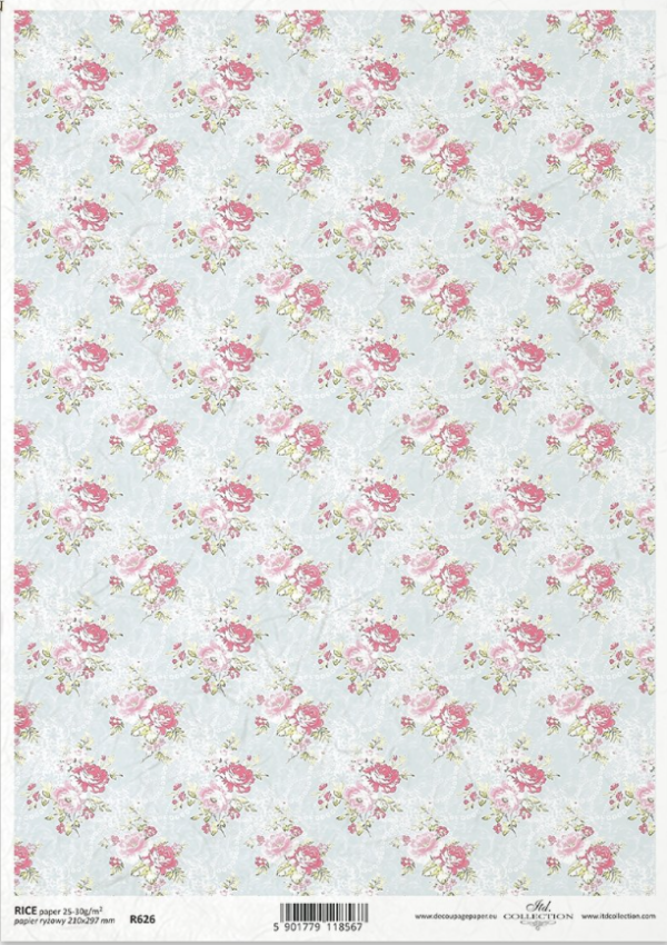 Papier de riz fond bleu et petites roses ITD Collection