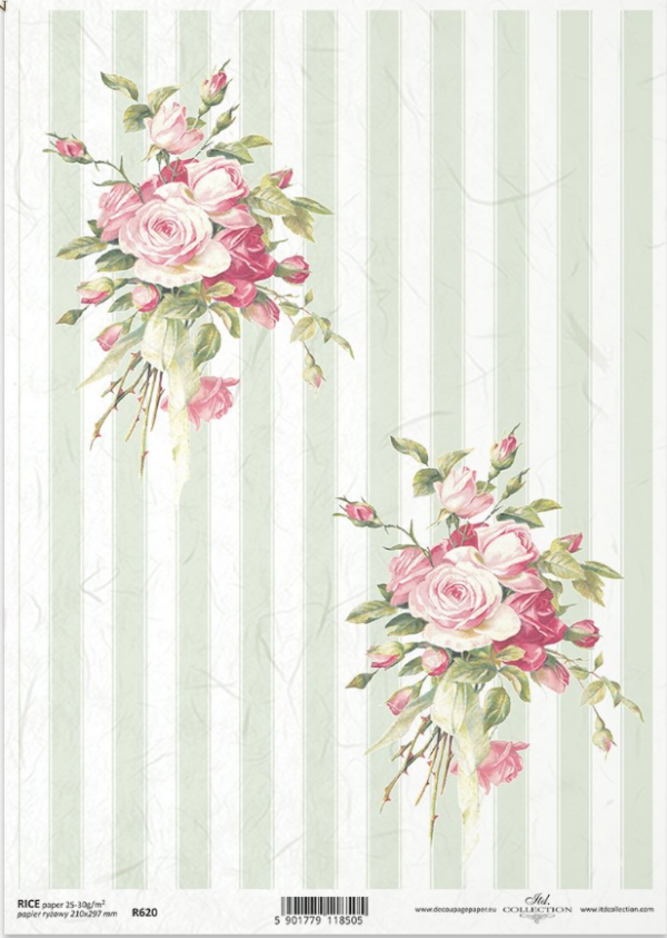 Papier de riz Shabby rayures et gros bouquets de roses ITD Collection