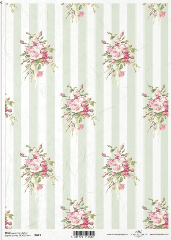Papier de riz Shabby rayures et petits bouquets de roses ITD Collection