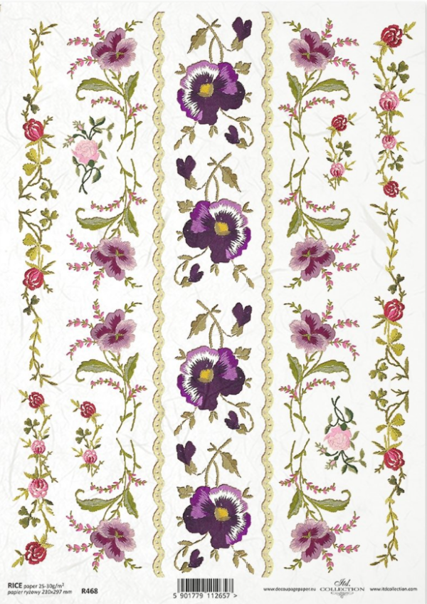 Papier de riz Rubans et dentelles fleurs viollettes ITD Collection