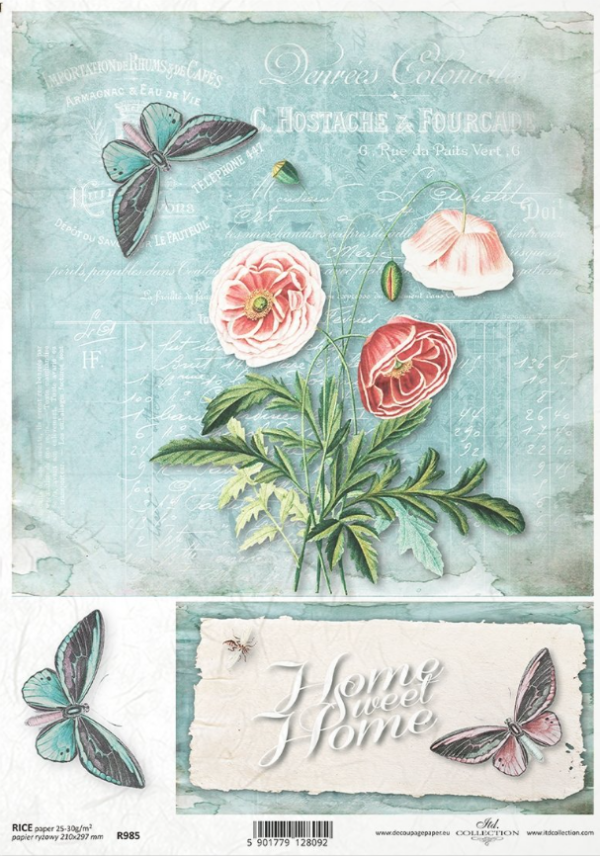 Papier de riz fleurs papillon bleues ITD Collection