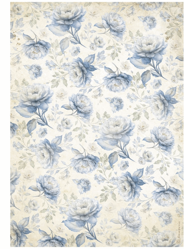 Papier de riz fleurs bleues vieillies intemporelles