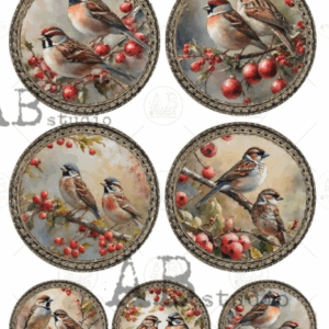 Papier de riz rond oiseaux baies rouges
