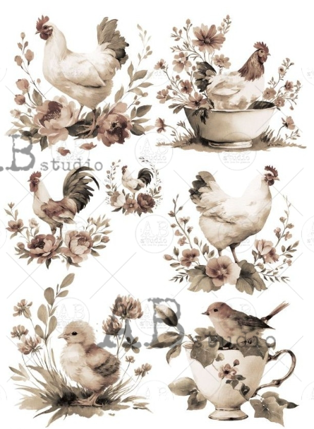 Papier de riz coqs sépia 145