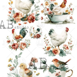 Papier de riz poules coqs fleurs 133