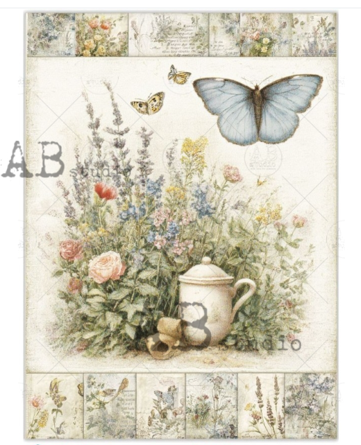 Papier de rie fleurs pots et papillons 204