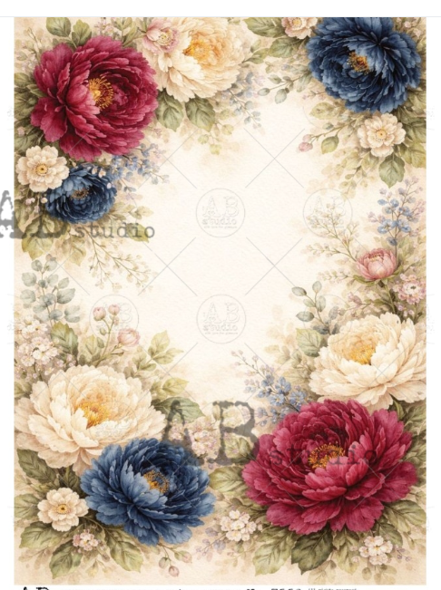 Papier de riz fond de fleurs bleu et rouge 235