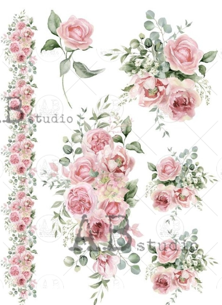 Papier de riz frises et fleurs roses 289