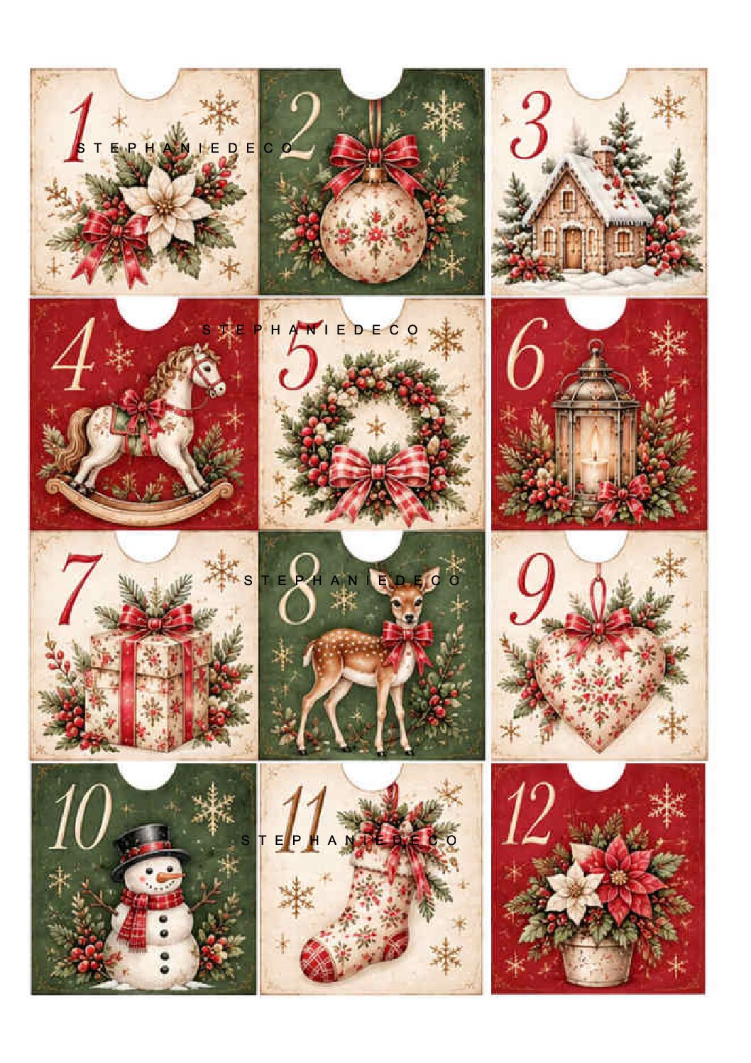 calendrier avent rouge vert shabby A4